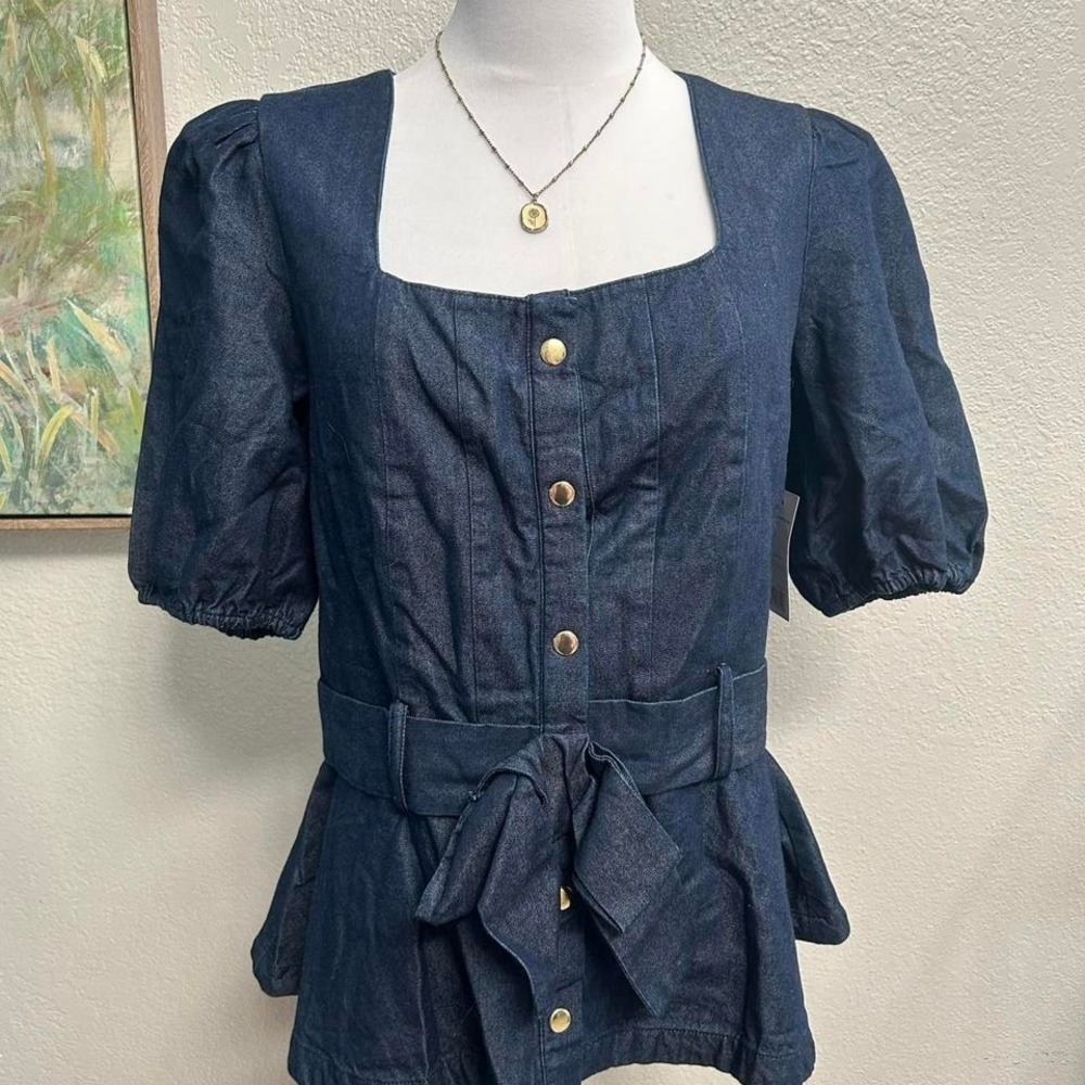 Nine West Adaptive Denim Peplum Top Puff Sleeve Square Neck - Size‎ M
